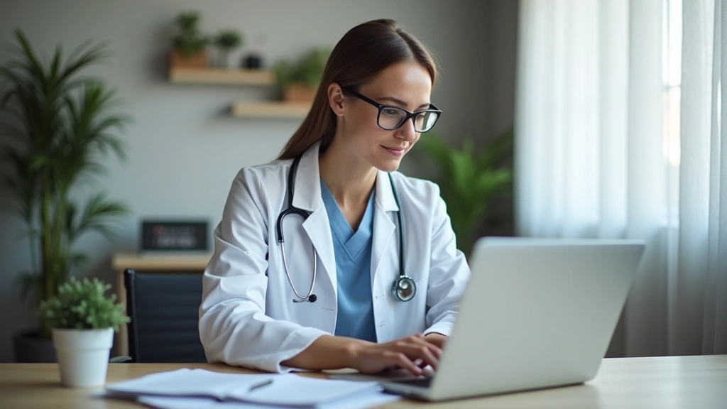Healthcare professional in residential workspace with laptop, medical reference materials, professional background setup for 