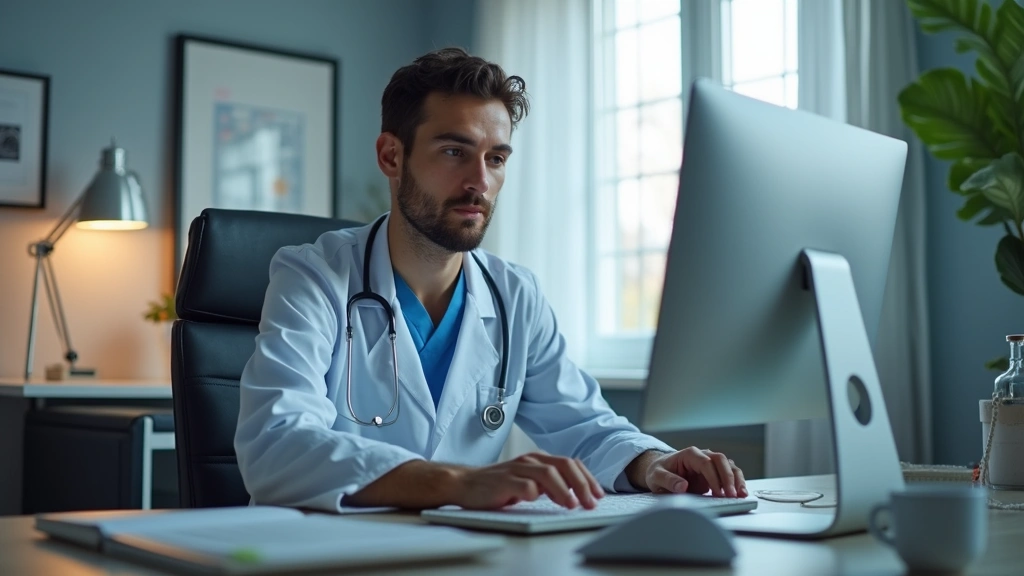 Remote medical practitioner in home clinic space with professional lighting, medical equipment visible, computer setup for te