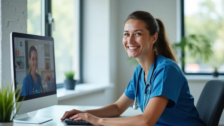 Professional female nurse in scrubs sitting at modern desk with computer monitor, smiling during video consultation, clinical office background, natural lighting, photorealistic