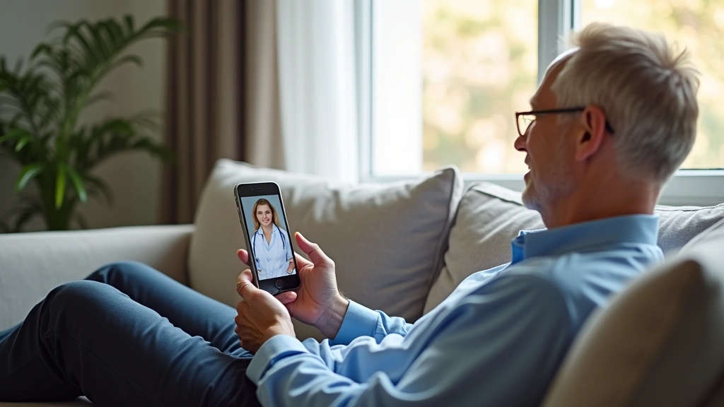 Patient at home sitting on couch holding smartphone during video call with healthcare provider, comfortable home setting, rel