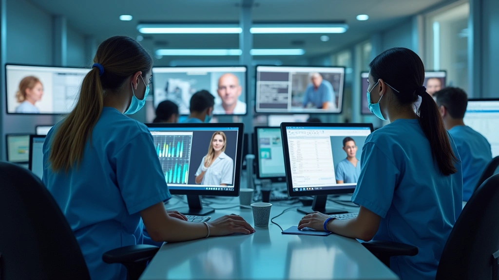 Diverse telehealth nurse team in modern healthcare facility with multiple computer workstations, monitoring screens showing p