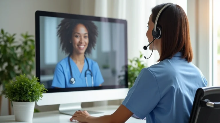 Professional nurse wearing headset at home desk with computer, video call on screen showing patient, modern home office setup with plants