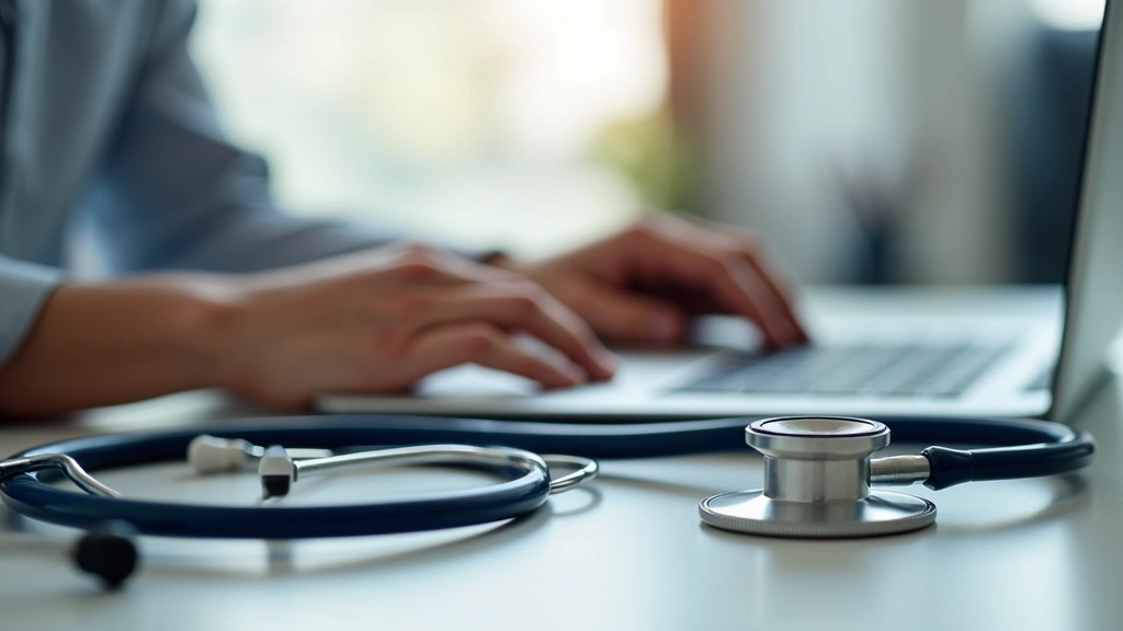Close-up of hands typing on keyboard with stethoscope nearby, healthcare worker in home office environment taking notes durin