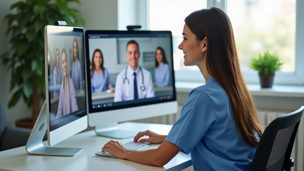 Nurse sitting at organized home workspace with multiple monitors, comfortable chair, professional background, taking video ca