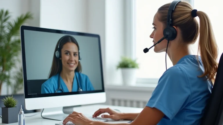 Professional female nurse in home office wearing headset at desk with computer monitor, video call with patient visible on screen, modern bright workspace with medical equipment nearby