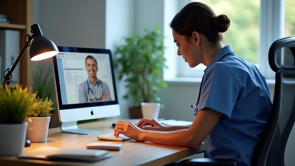 Registered nurse reviewing patient data on laptop in dedicated home office, telehealth setup with professional lighting, comf