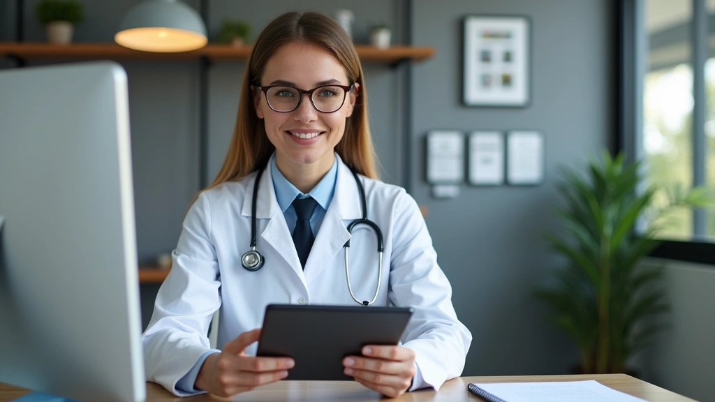 Healthcare professional in remote workspace conducting virtual patient consultation via video conference, taking notes on tab