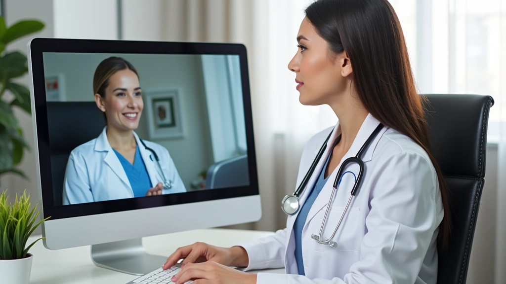 Professional female physician assistant in home office conducting virtual patient consultation via video call on computer monitor, wearing white coat, stethoscope, professional medical setting