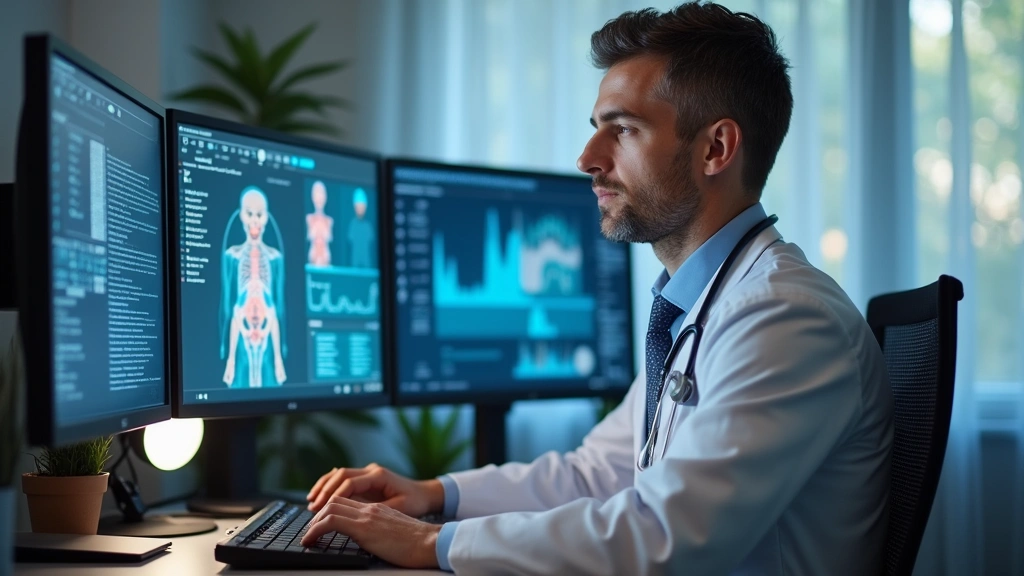 Male healthcare provider in modern home office workspace with multiple monitors displaying patient records and telehealth pla