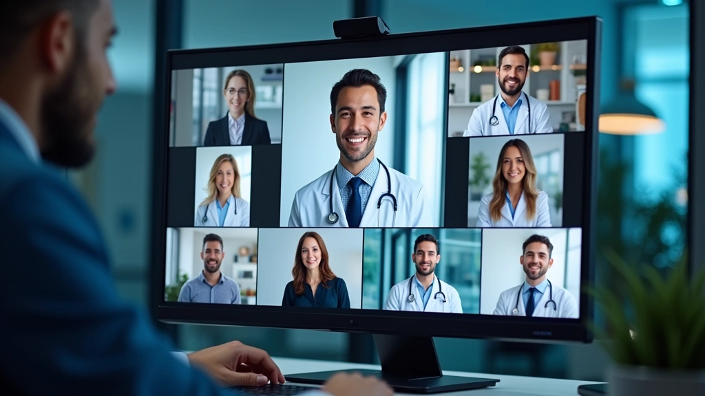 Diverse physician assistant team in virtual meeting on large monitor screen during remote clinical collaboration, professiona
