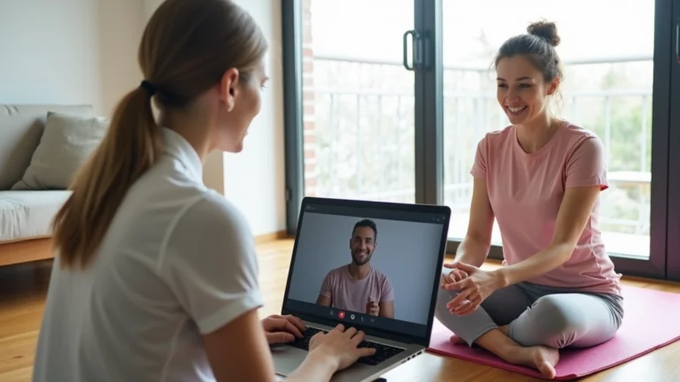 Professional physical therapist conducting video consultation with patient on laptop, patient performing guided stretching exercise at home, modern bright home setting with exercise mat