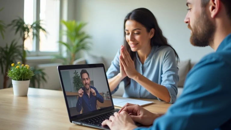 Physical therapist conducting video consultation with patient on laptop in professional home office, patient performing prescribed exercises visible on screen