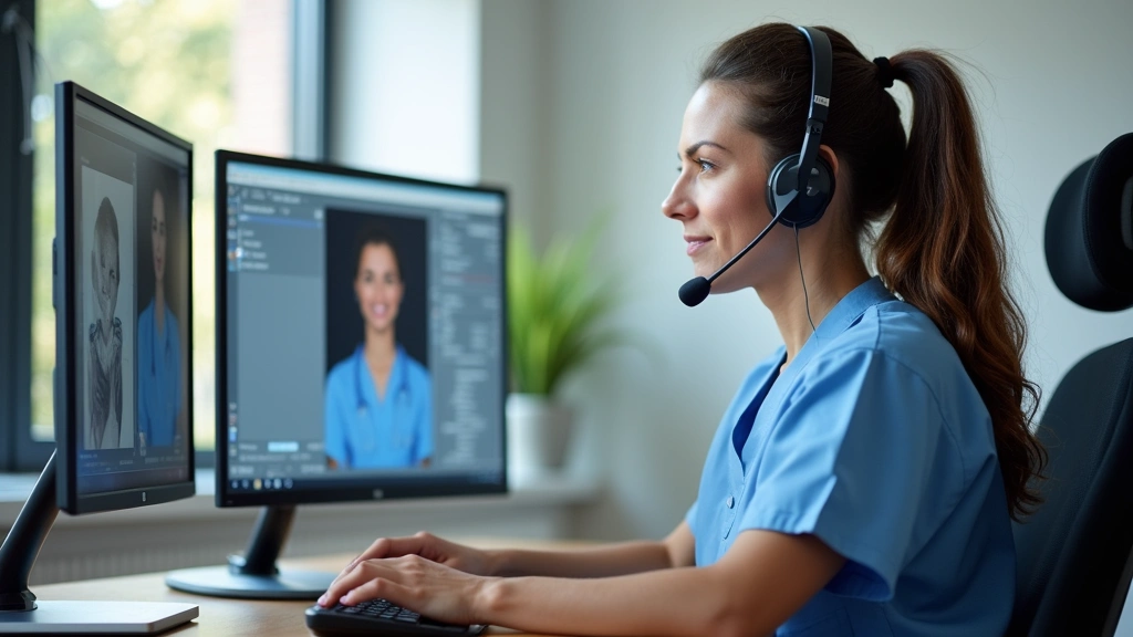 Licensed PT wearing headset at standing desk with dual monitors showing patient video call and medical records, professional 