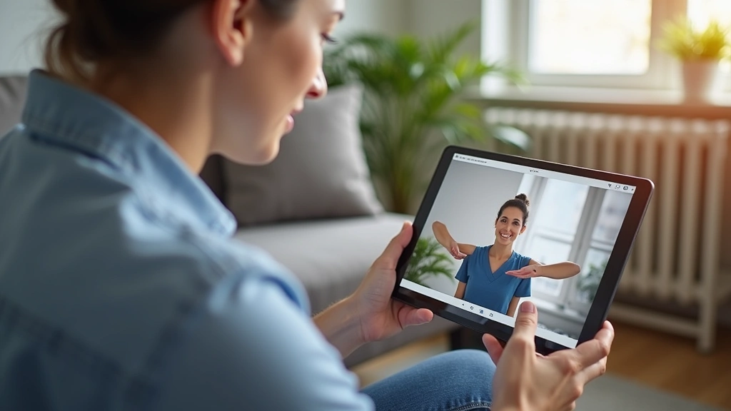 Patient on tablet during telehealth physical therapy session with therapist visible on screen, patient demonstrating exercise