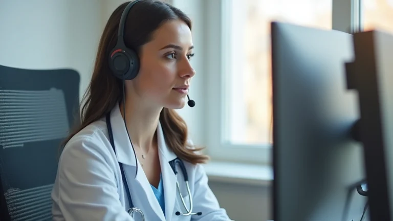 Female physician assistant in professional home office with dual monitors, wearing headset during virtual patient consultation, modern medical setup, natural lighting from window, focused expression