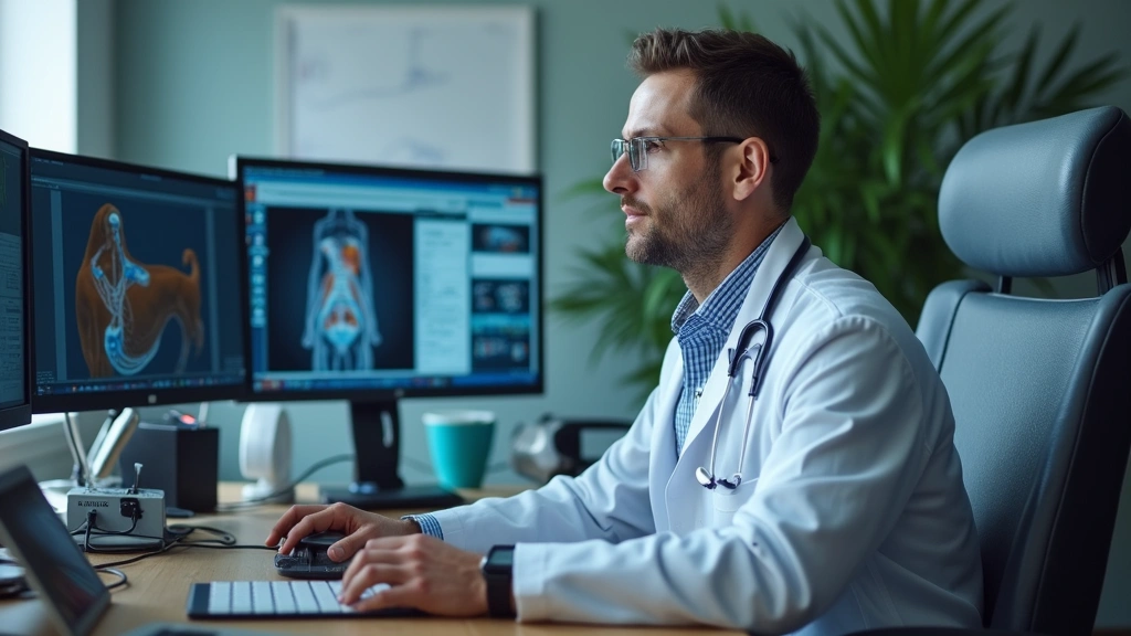 Male PA in telehealth clinic workspace with multiple screens showing patient records, sitting at organized desk with medical 