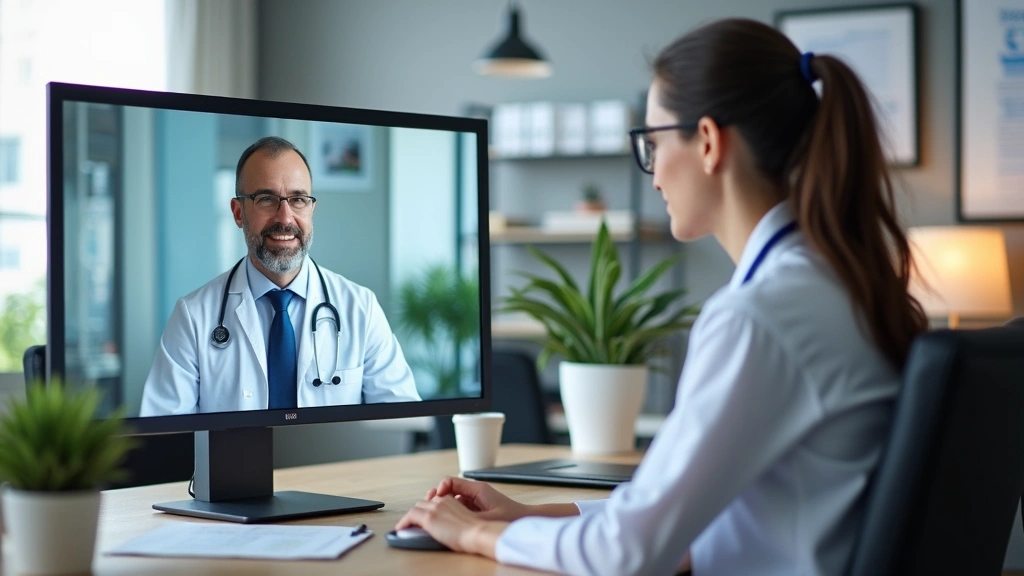 Professional healthcare provider in home office conducting video appointment on large monitor, comfortable workspace with med