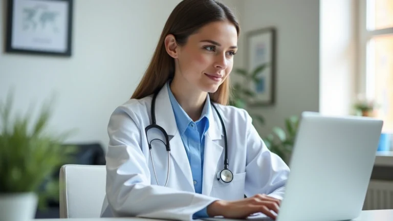 Professional female physician in home office conducting video consultation on laptop, medical degree visible on wall, modern minimalist workspace, natural lighting from window, focused expression, wearing white coat