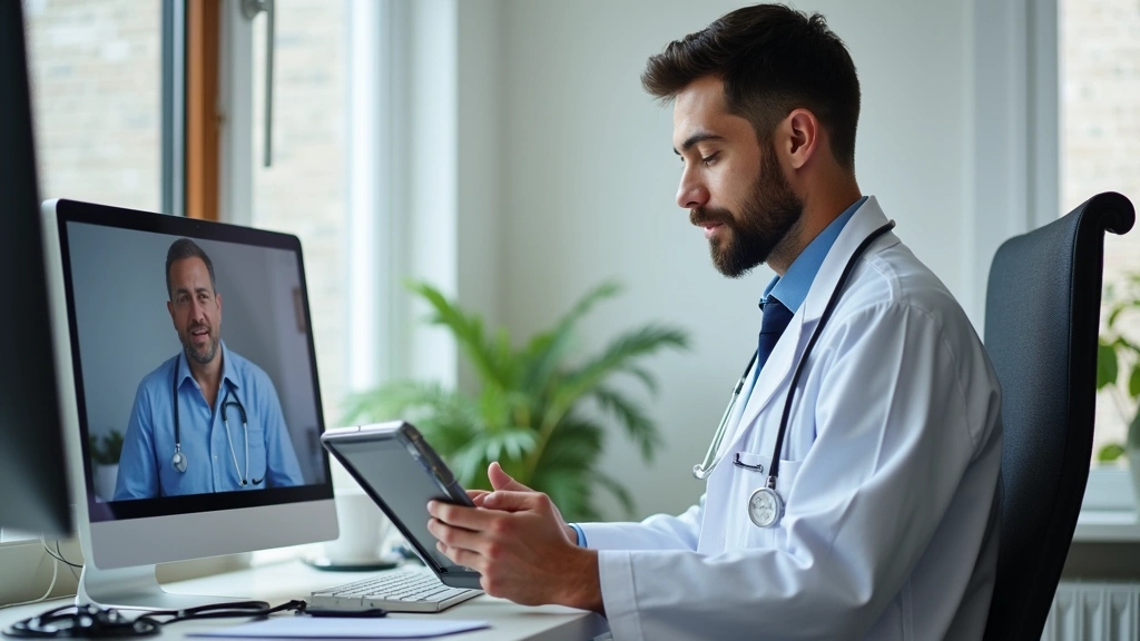 Male doctor using tablet during virtual patient visit, sitting at desk with medical equipment nearby, professional home offic
