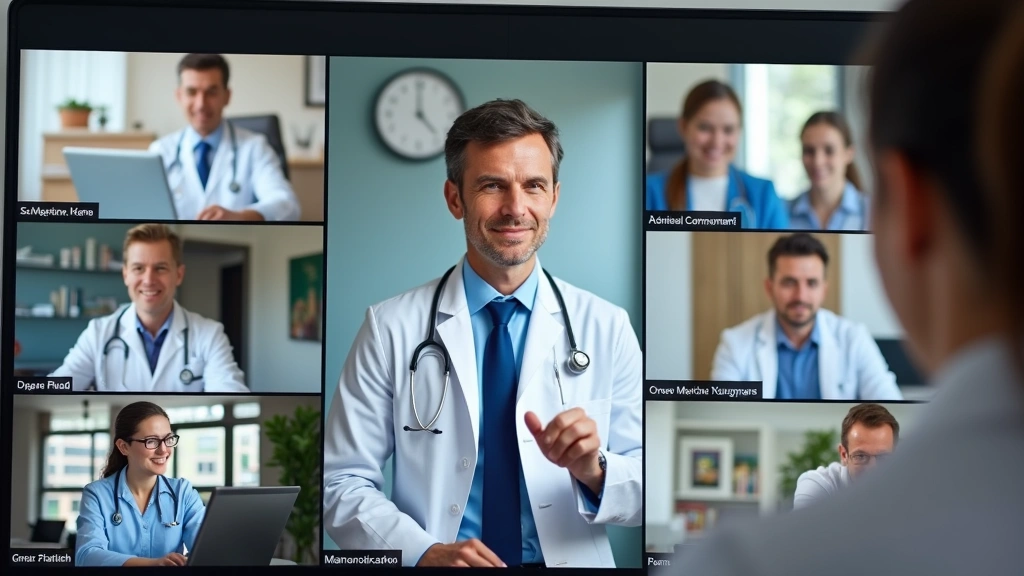 Diverse team of physicians on split-screen video conference call, each in separate home offices, professional medical setting
