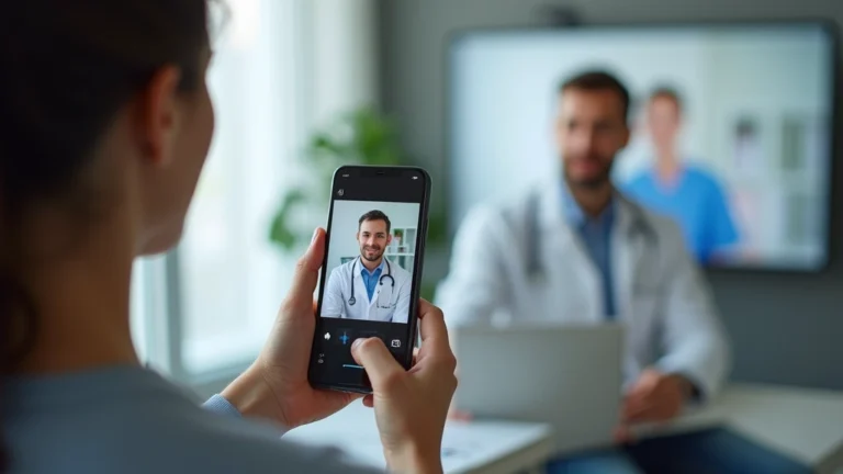 Patient using smartphone for video consultation with doctor in modern home office setting, professional medical environment visible on screen