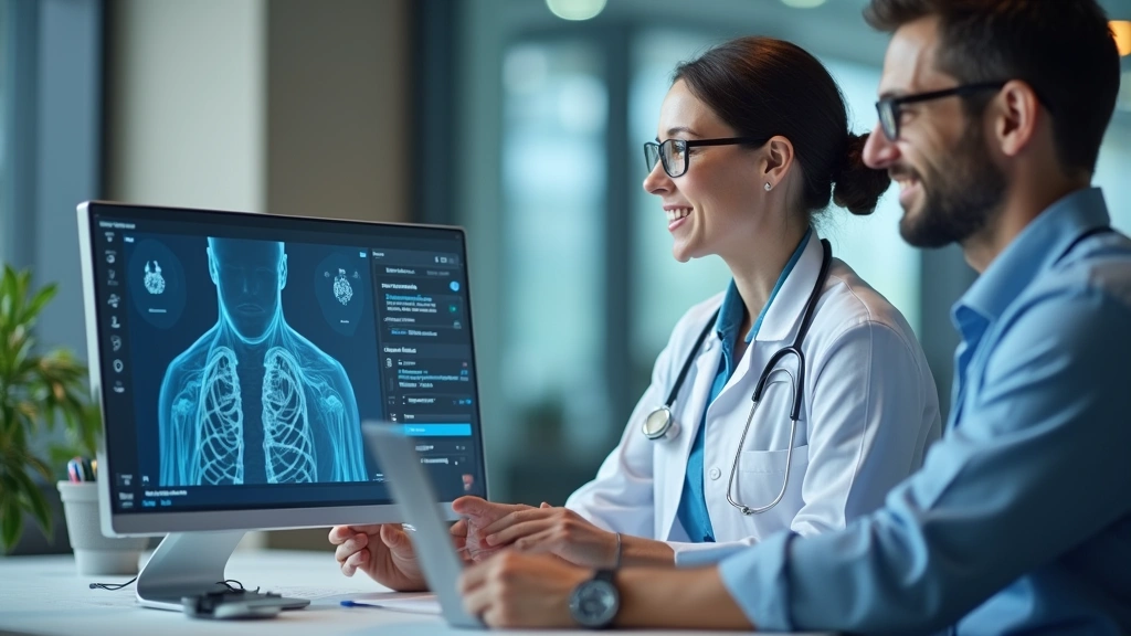 Healthcare provider at desk reviewing patient medical records on computer screen during virtual consultation, secure digital 