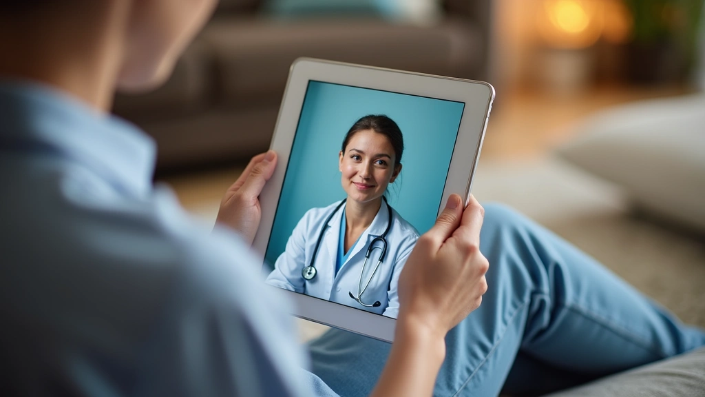 Person holding tablet during telehealth appointment with healthcare professional, comfortable home setting with good lighting
