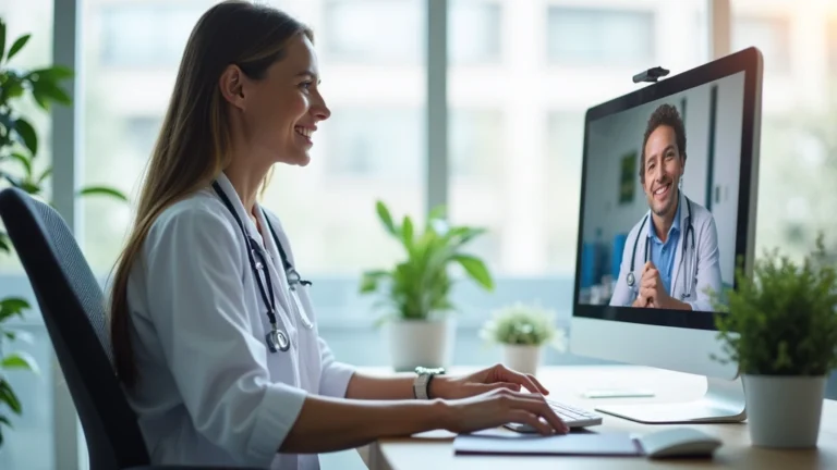Professional healthcare provider sitting at desk in modern medical office, smiling at computer screen during video consultation, bright natural lighting, clean contemporary workspace