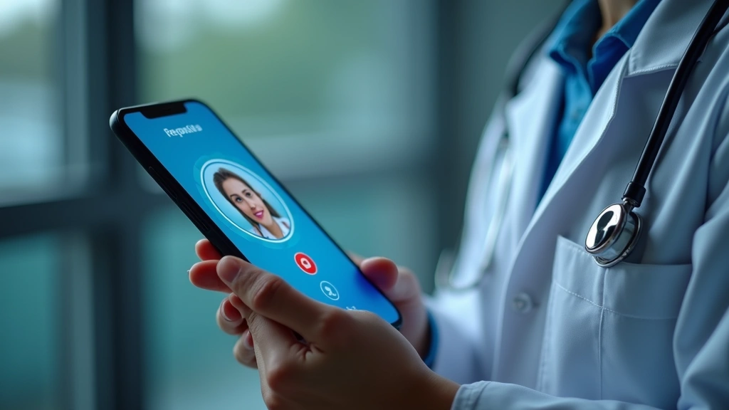 Close-up of hands holding smartphone showing secure encrypted video call interface with medical provider, professional health