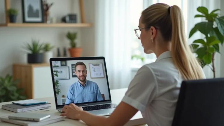Professional woman in home office having secure video consultation with psychiatrist on laptop screen, calm therapeutic environment, natural lighting from window, modern technology setup