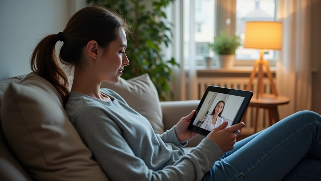 Patient sitting comfortably at home during telehealth psychiatric appointment on tablet device, relaxed posture, private quie