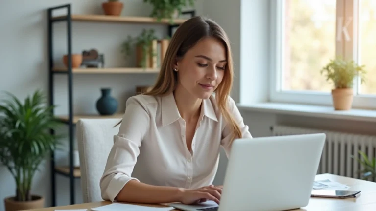 Professional woman in home office setting having video call on laptop with calm, focused expression, modern minimalist background, natural daylight from window