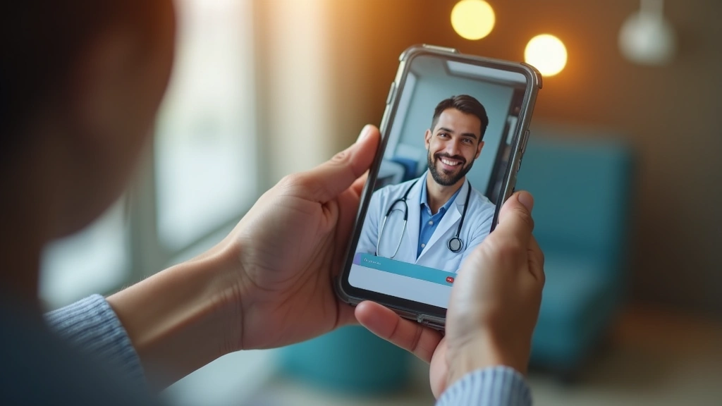 Close-up of hands holding smartphone showing video consultation interface with psychiatrist, warm indoor lighting, healthcare
