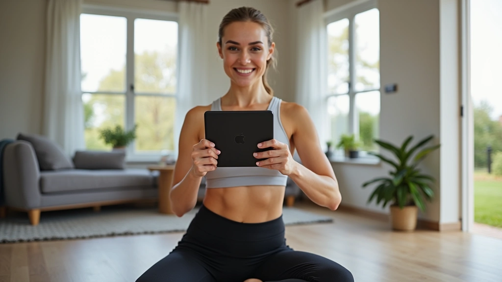 Professional woman in bright home workout space doing guided exercises on tablet with physical therapist on screen, natural lighting, comfortable athletic wear