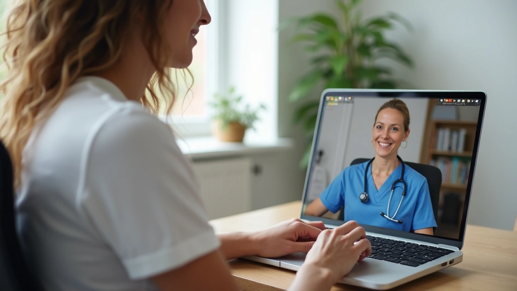 Patient sitting at home desk attending video consultation with licensed physical therapist, laptop screen visible, clinical y