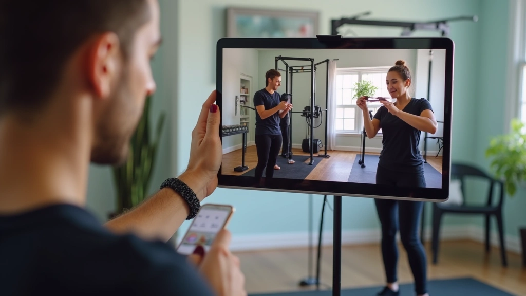 Therapist demonstrating proper form correction during telehealth session, patient performing resistance band exercise in home