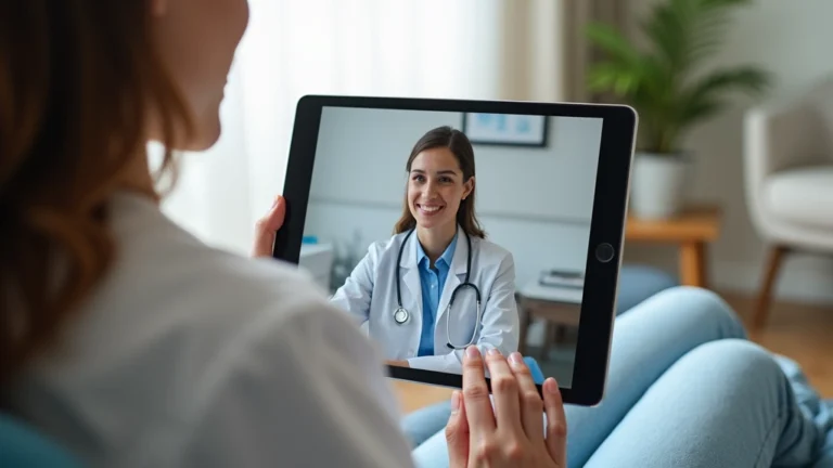 Professional respiratory therapist conducting virtual video consultation with patient on tablet in home setting, HIPAA-compliant telehealth interface visible, calm clinical environment
