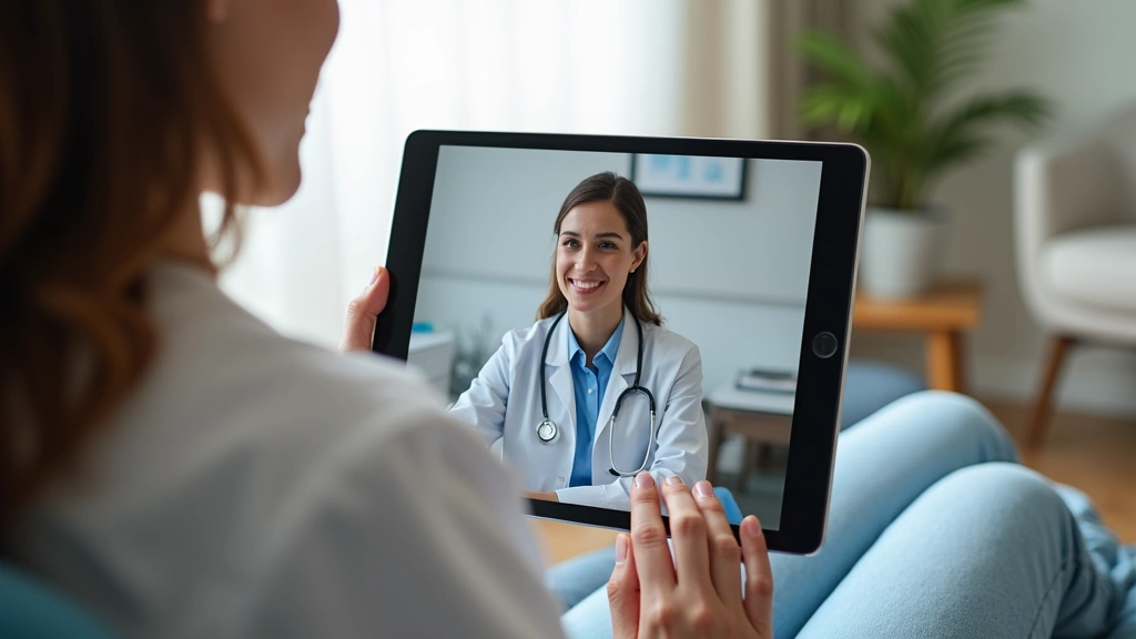 Professional respiratory therapist conducting virtual video consultation with patient on tablet in home setting, HIPAA-compliant telehealth interface visible, calm clinical environment