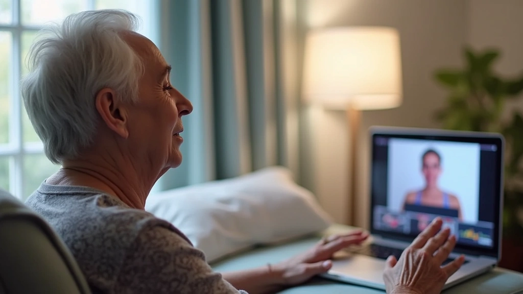Medicare beneficiary performing guided breathing exercises during real-time telehealth pulmonary rehabilitation session, vide