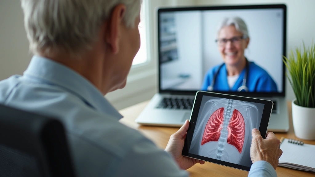 Older adult patient using tablet for synchronous telehealth pulmonary rehabilitation with licensed respiratory therapist, med