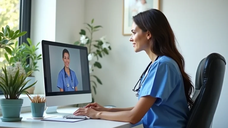 Registered nurse working at home desk with computer, video call interface visible, professional medical setting, natural lighting, focused expression
