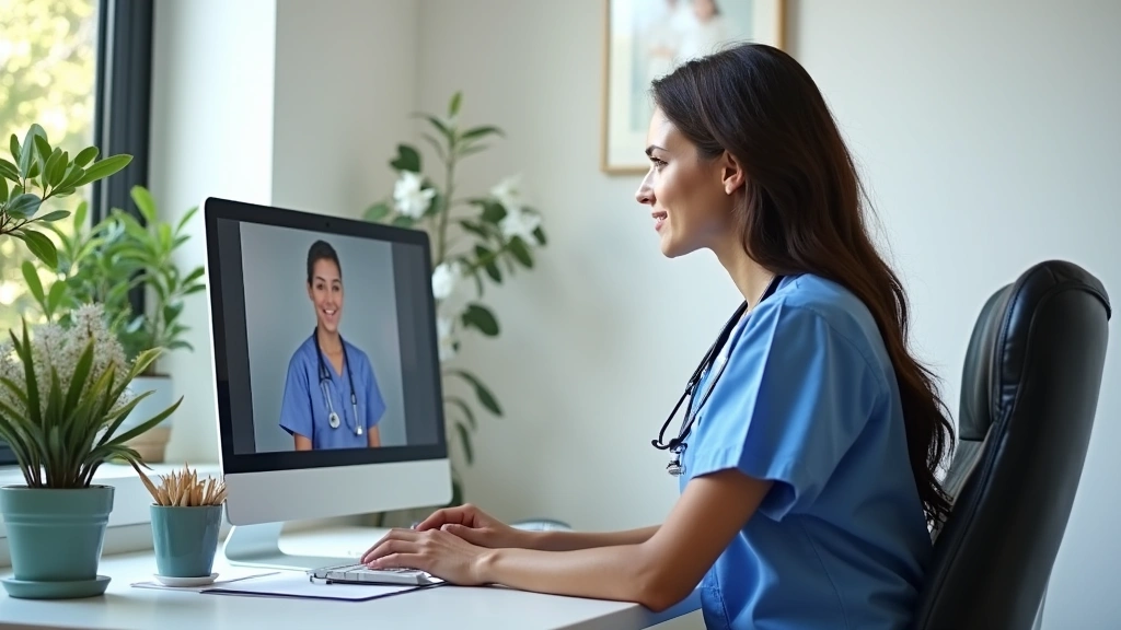 Registered nurse working at home desk with computer, video call interface visible, professional medical setting, natural lighting, focused expression