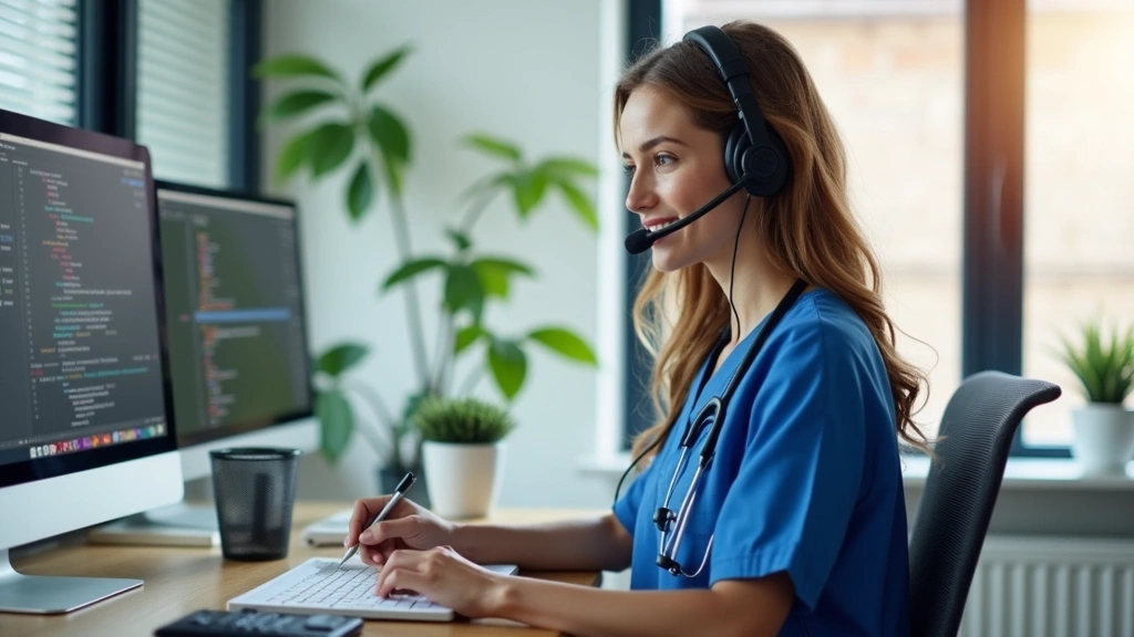 Nurse in home office with dual monitors, headset, taking notes, modern workspace, healthcare technology environment, professi