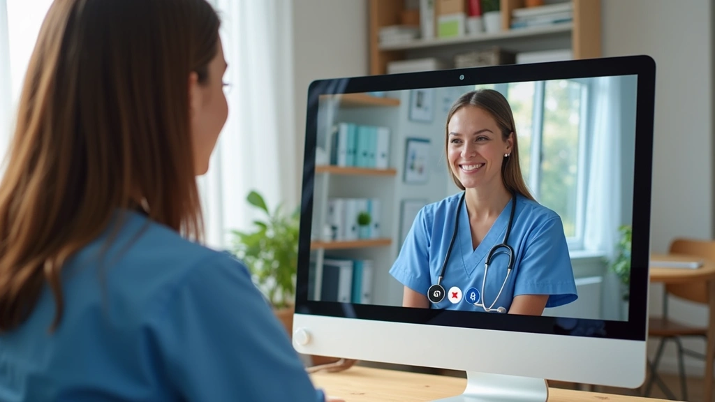 Telehealth nurse consulting with patient via video call on computer screen, home office background, compassionate healthcare 