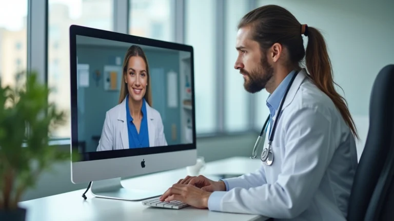 Healthcare provider in white coat conducting video consultation on computer with patient visible on screen, modern clinic office background, professional medical setting, natural lighting