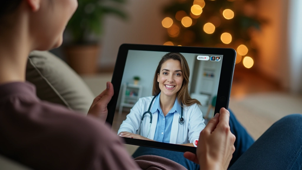 Patient sitting at home on tablet participating in telehealth video call with doctor, comfortable home environment, warm ligh