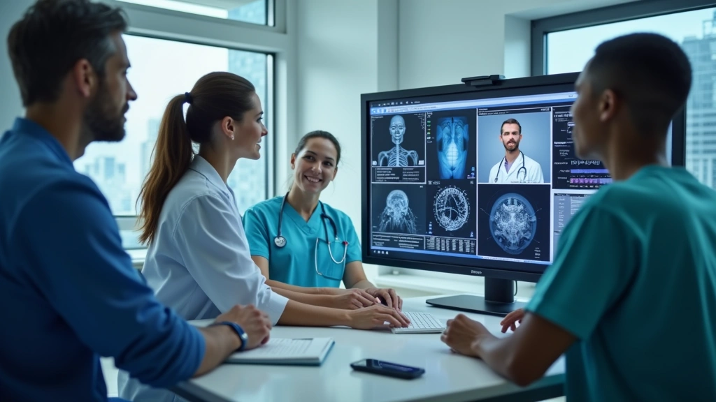 Multiple healthcare providers in hospital setting monitoring patient data on screens during remote telehealth session, EHR sy