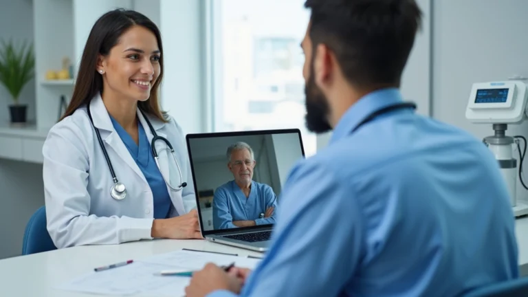 Healthcare professional conducting video consultation on laptop in modern medical office, patient visible on screen, professional setting with medical equipment in background