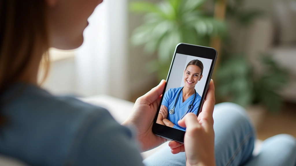 Patient using smartphone for telehealth appointment at home, sitting comfortably, smiling at screen, natural home environment