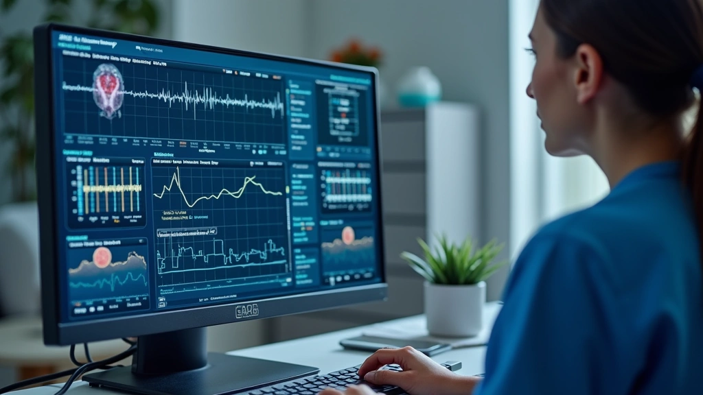 Remote patient monitoring dashboard on computer screen showing vital signs, heart rate, blood pressure data in clinical setti